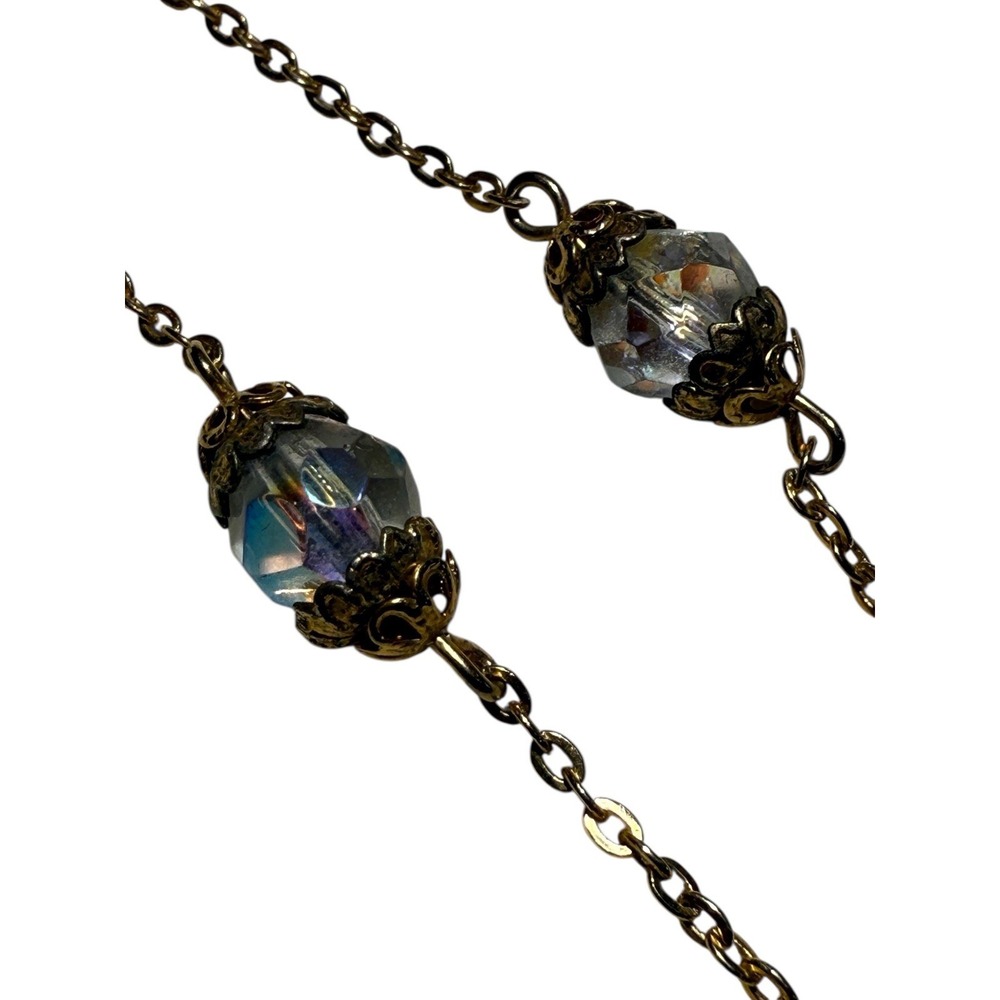 Vtg Gold Tone Chain Necklace Faceted Aurora Borealis Crystal Beads Station 17.25
